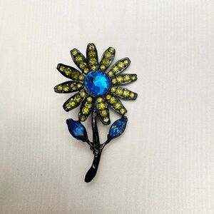 Vintage Capri Signed Japanned Blue & Yellow Rhinestone Flower Brooch Black Tone
